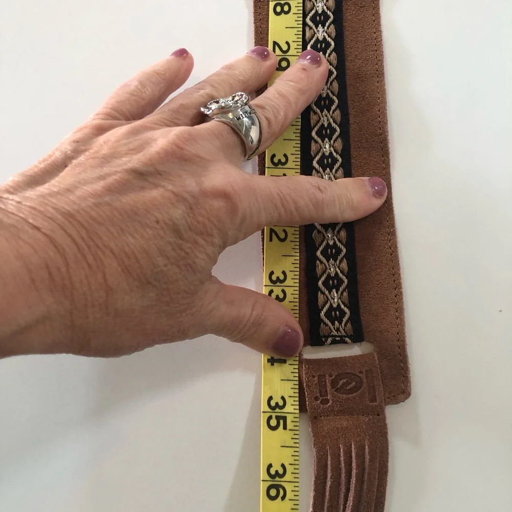 L.E.I. Suede Western Hat Band Brown Embroidered Beaded Fringe Boho